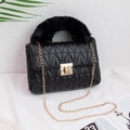 Quilted black faux leather handbag with soft fur handle and golden chain strap - Black