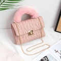 Pink quilted crossbody bag with soft faux fur handle and elegant gold chain strap - Pink