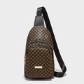 Fashionable monogram chest bag in dark brown faux leather with gold hardware and strap - Dot Coffee