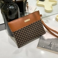 Brown leather and vintage print clutch bag with wristlet strap and gold metal zip - Brown