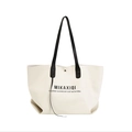 Off-white leather tote bag with black handles and printed logo featuring magnetic closure - White