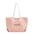 Pink large capacity faux leather tote bag with cream white handles and lettering - Pink