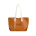 Brown leather tote bag with cream handles and large capacity for daily shopping - Brown