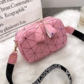 Pink geometric crossbody bag for women with wide printed letter strap on plush background - Pink