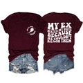 Close-up of burgundy crew neck t-shirt with My Ex Hates My Guts slogan print on back - S / Burgundy