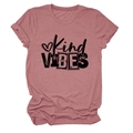 Detail of Kind VIBES slogan and heart graphic on dusty pink cotton crew neck T-shirt - S / Rose Gold (Black Print)