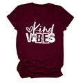 Flat lay of maroon crew neck t-shirt featuring Kind VIBES text and heart graphic - S / Burgundy