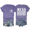 Front and back view of purple crew neck T-shirt with white retro slogan prints - S / Purple