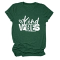 Detail shot of the Kind VIBES print on dark green crew neck short sleeve cotton T-shirt - S / Vintage Green