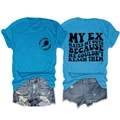 Flat lay of royal blue t-shirt with back slogan and distressed denim shorts on white backdrop - S / Lake Blue