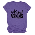 Detail of Kind Vibes print and heart motif on a heather purple round neck t-shirt - S / Purple (Black Print)