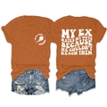 Front and back detail of orange t-shirt with slogan print and denim shorts outfit - S / Burnt Orange