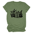 Detail of army green crewneck t-shirt featuring Kind VIBES print and heart graphic - S / Olive Green