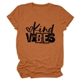 Detail of Kind VIBES print on caramel crew neck cotton blend t-shirt with rolled sleeves - S / Burnt Orange (Black Print)