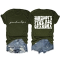Close-up of olive green t-shirt with Somebody's Fine Ass Grandma text and denim shorts - Army Green (White Font)