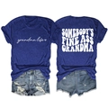 Detail of navy cotton T-shirt featuring Grandma Life print and Somebody's Fine Ass text - Vintage Blue (White Font)