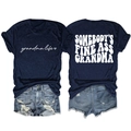 Detailed view of navy blue crewneck t-shirts with white slogan prints and denim shorts - Navy Blue (White Font)