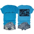 Detailed front and back view of blue grandma life graphic tee with denim shorts - Lake Blue (Black Font)