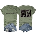 Flat lay of green t-shirt with Somebody's Fine Ass Grandma text and denim shorts - Olive Green (Black Font)