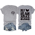 Front and back view of grey Dance Mom t-shirt featuring artistic stage text and heart - Light Grey (Black Font)