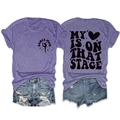 Detail of purple crewneck T-shirt with My Heart Is On That Stage print and denim shorts - Purple (Black Font)