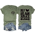 Front and back detail of grey t-shirt with My Heart Is On That Stage slogan and denim shorts - Olive Green (Black Font)
