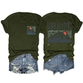 Détail de face et de dos du T-shirt vert col rond avec imprimé montagne et short en denim - Vert Militaire