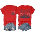 Vues avant et arrière du t-shirt rouge avec imprimé montagne Moïse 6:34 et soleil levant - Rouge