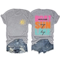 Back and front view of summer set with sun print grey t-shirt and ripped denim shorts - Light Grey (Black Print)