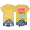 Flat lay detail of yellow t-shirt with Boat Sun Lake print and distressed denim shorts - Yellow (Black Print)