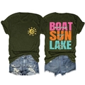 Front and back detail of dark green crew neck T-shirt with sun graphic and boat print - Army Green (White Print)