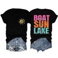 Detailed back view of casual t-shirt featuring boat sun lake waves graphic print - Black (White Print)