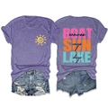 Detail of purple crew neck t-shirt with SUN rays LAKE days print and denim shorts set - Purple (Black Print)