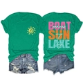 Front and back detail of green graphic t-shirt with summer boat sun rays lake days print - Ink Green (White Print)