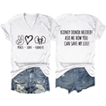 Detailed front and back view of V-neck T-shirt with Kidney Donor Needed print slogan - White (Black Font)