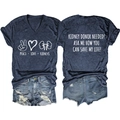Detail of V-neck heather blue tee with Kidney Donor Needed print and ripped denim shorts - Navy Blue (White Font)