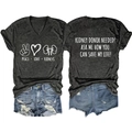 Front and back detail of V-neck kidney donor awareness tee with distressed denim shorts - Black Marled (White Font)