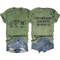Flat lay of a green V-neck T-shirt with kidney donor message and denim shorts - Olive Green (Black Font)