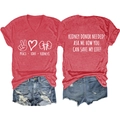Detail view of V-neck kidney donor awareness t-shirt with Peace Love Kidneys text - Red (White Font)