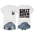 Front and back view of white cotton T-shirt with Shit Show Supervisor text and denim shorts - White (Black Font)