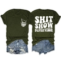 Detail view of olive green t-shirt with SHIT SHOW SUPERVISOR print and skeletal hand - Army Green (White Font)