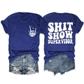 Detail view of navy t-shirt with Shit Show Supervisor print and frayed denim shorts - Retro Blue (White Font)