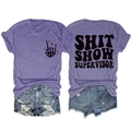 Flat lay of purple cotton t-shirt and ripped denim shorts with back print text detail - Purple (Black Text)