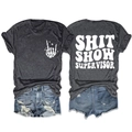Flat lay of gray T-shirt with Shit Show Supervisor back print and ripped denim shorts - Black Marled (White Font)