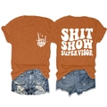 Detail view of orange Shit Show Supervisor T-shirt with white back print and skull graphic - Burnt Orange (White Font)
