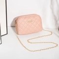 Pink quilted crossbody bag with diamond stitch pattern and gold chain strap - Pink