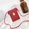 Red small square phone bag with golden round buckle and slim leather shoulder strap - Vertical / Red