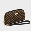 Klassische Vintage PU-Leder Clutch mit goldenem geometrischem Kleeblattmuster - Vintage Monogramm Stil / Kaffeebraun