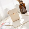 Minimalist cream white crossbody phone bag with golden round buckle and leather texture - Vertical / White