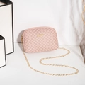 Chique beige gewatteerde crossbodytas met gouden ketting en geometrisch patroon - Roze met Patroon